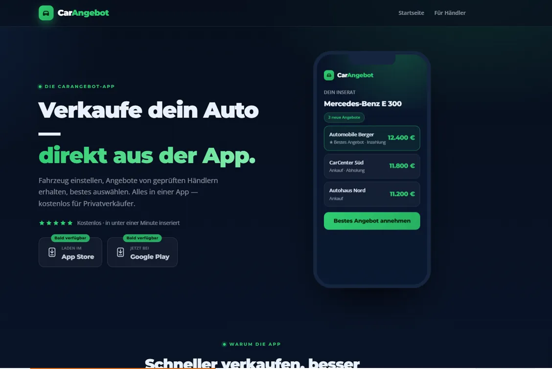 CarAngebot App-Seite — Smartphone-Ansicht eines Inserats für einen Mercedes-Benz E 300 mit drei Händler-Geboten zur Auswahl