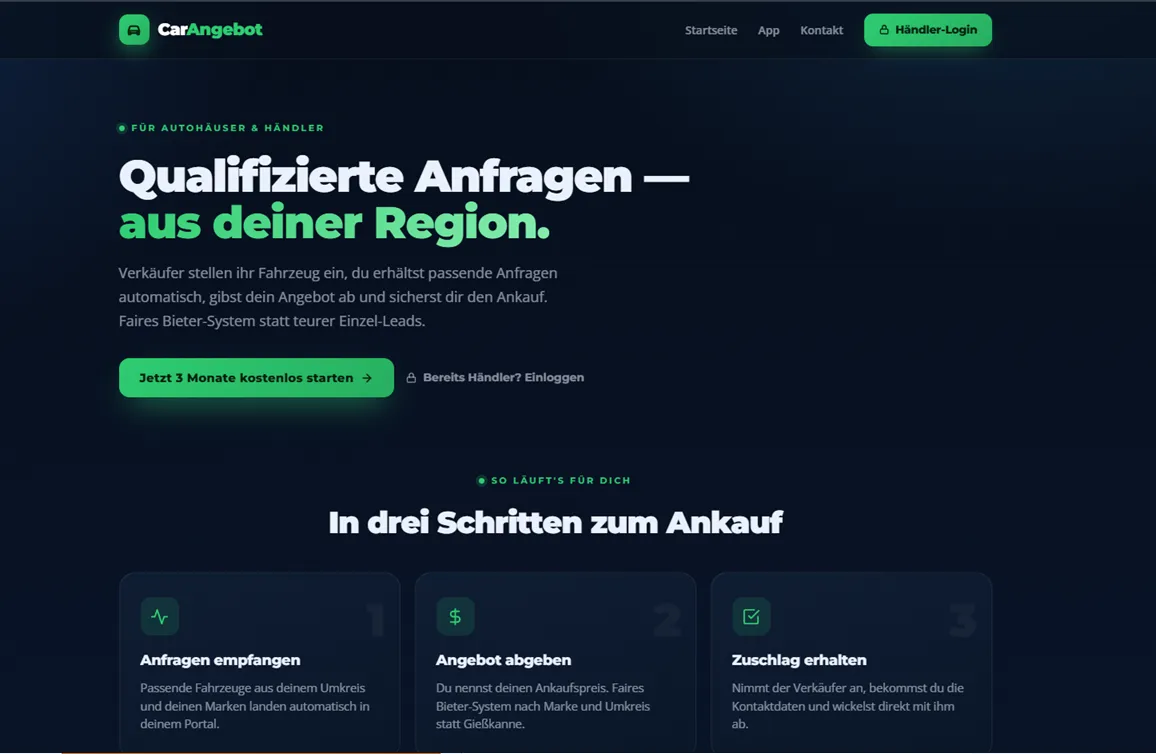 CarAngebot Händler-Portal — Einstiegsseite für Autohäuser mit den drei Schritten Anfragen empfangen, Angebot abgeben, Zuschlag erhalten