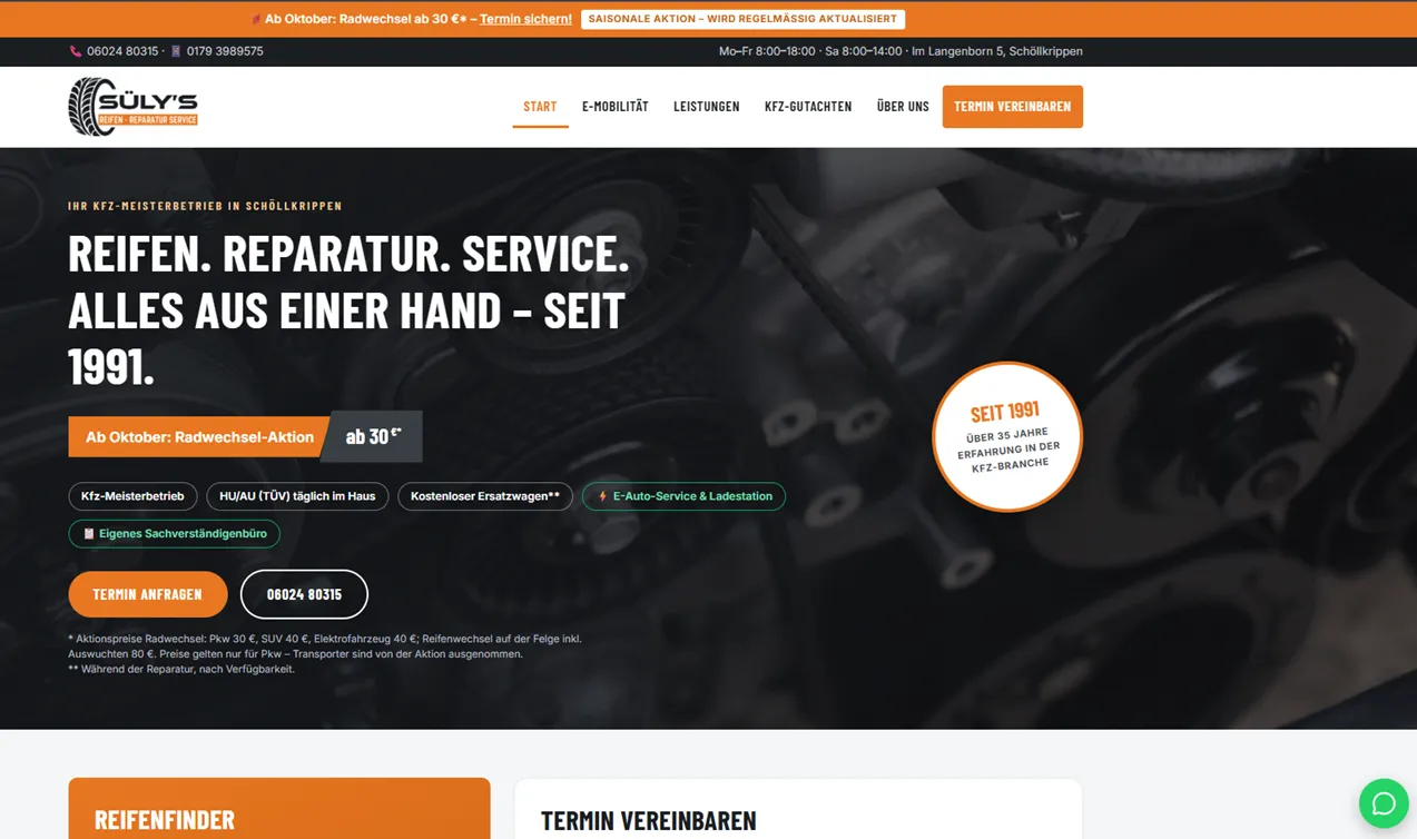 Süly's Kfz Startseite — Hero „Reifen. Reparatur. Service. Alles aus einer Hand – seit 1991.“ mit Leistungs-Badges und Kontaktleiste