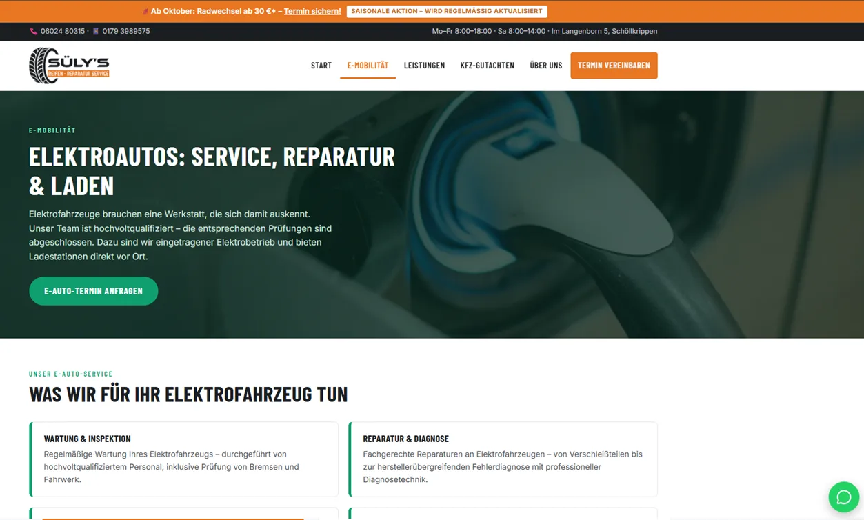 Süly's Kfz Seite zur E-Mobilität — Elektroauto-Service, Reparatur und Laden mit Übersicht der Leistungen für Elektrofahrzeuge